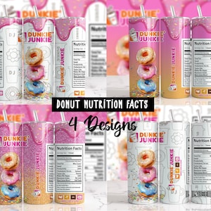 Könnte beinhalten: Vier Designs für einen rosa und weißen Becher mit Donut-Motiv. Der Becher zeigt eine Donut-Grafik mit Streuseln und dem Text "Dunkie Junkie". Der Becher enthält auch ein Nährwert-Etikett.
