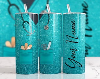 Nurse Uniform Personalization Teal Glitter Sublimation Designs Downloads - 20oz Skinny Tumbler - PNG