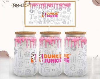Doughnut Dunkie Junkie Donut Dripping Sublimation Designs Downloads - 16oz. Libbey Glass Can Tumbler - PNG