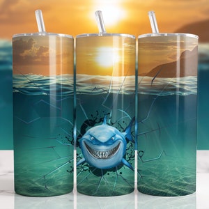 Angry Shark Under Sea Crackle Tumbler Sublimation Designs Downloads - 20oz Skinny Tumbler - PNG