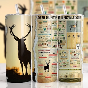 May include: A white tumbler with a deer silhouette against a sunset background. The tumbler features a deer hunting knowledge guide with checklists, tips, and information about hunting with the right caliber.