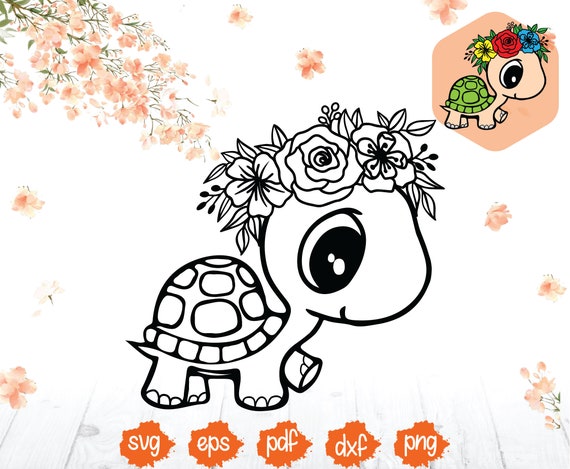 Baby Turtle SVG, Turtle with Flower Crown SVG, Floral Crown svg, Cute Turtle with Flowers on Head svg. Digital Download