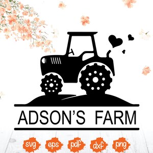 May include: Black and white silhouette of a tractor with hearts coming out of the exhaust pipe. The tractor is on a hill with the text "ADSON'S FARM" below it.