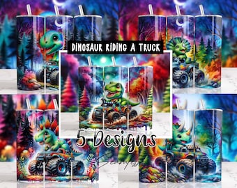 T-Rex Dinosaur Riding a Monster Truck Sublimation Designs Downloads - 20oz Skinny Tumbler - PNG