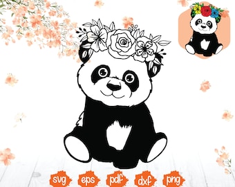 Baby Panda SVG, Panda Flower SVG, Floral svg, Cute Panda with Flowers on Head svg. Digital Download