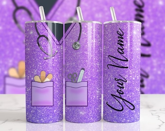 Nurse Uniform Personalization Purple Glitter Sublimation Designs Downloads - 20oz Skinny Tumbler - PNG