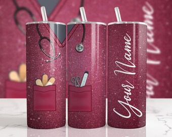 Burgundy Nurse Uniform Personalization Glitter Sublimation Designs Downloads - 20oz Skinny Tumbler - PNG