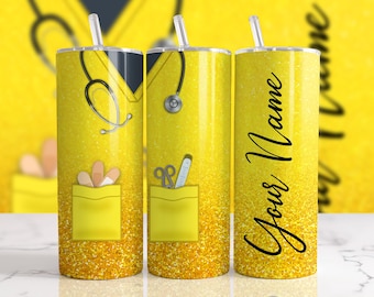 May include: Three gold glitter tumblers with a medical theme. The tumblers have a pocket with medical supplies, a stethoscope, and a ruler. One tumbler has the text "Your Name" on it.