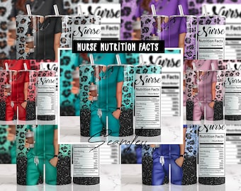Nurse Scrubs Bundle, Nurse Nutrition Facts Leopard Print Glitter Sublimation Designs Downloads - 20oz Skinny Tumbler - PNG