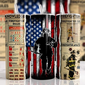 May include: Three stainless steel tumblers with different designs. The first tumbler features a firefighter safety guide with the text "Firefighter Rules" and "Know Your Fire Extinguisher". The second tumbler has a firefighter silhouette in front of an American flag. The third tumbler has a firefighter in full gear with the text "Firefighter Gear" and "Firefighter Anatomy".