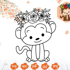 May include: A black and white line drawing of a monkey wearing a flower crown. The monkey is sitting with its legs crossed and its arms resting on its lap. The monkey has a cute, cartoon-like appearance.