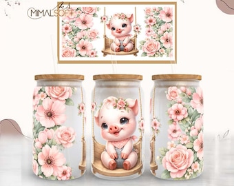 Cute Piglet on a Swing with Flowers Sublimation Designs Downloads - 16oz. Libbey Glass Can Tumbler - PNG
