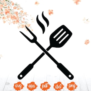 Puede incluir: Silueta negra de una espátula y un tenedor cruzados con vapor elevándose sobre ellos.