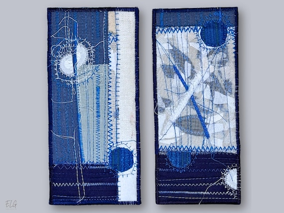 Embroidered Textile Art - Indigo & White Abstract Wall Decor - Original Fiber Artwork by ElinaTextileArt