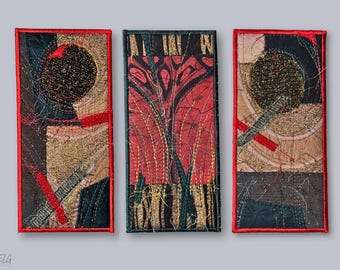 Bestickte Textilkunst - Rot, Gold & Smaragd Weihnachtsgruß Grußkarte - Original Textilkunst by ElinaTextileArt