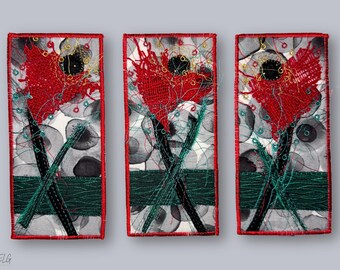 Embroidered Textile Art - Red & Green Abstract Wall Decor - Original Fiber Artwork by ElinaTextileArt
