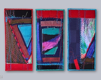 Bestickte Textilkunst - Blaue Rote Abstrakte Wanddekoration - Original Textilkunstwerk von ElinaTextileArt