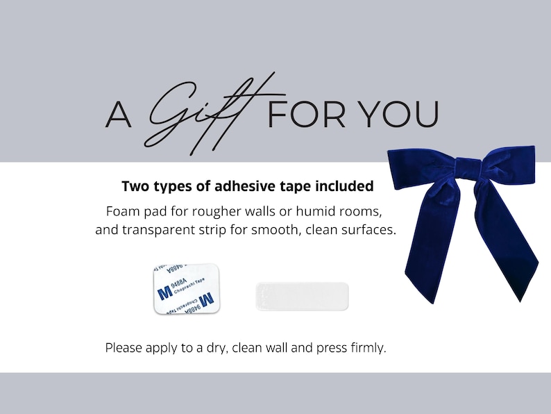 Gift information card showing two types of adhesive tape included for hanging textile wall art on smooth or rough surfaces.