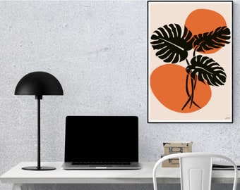 Orange växttryck, monstera, väggdekor, botanisk, modern konst, ekokonst, linjeteckningar, neutral, A4, A5, hemtryck, greenegoart, orange