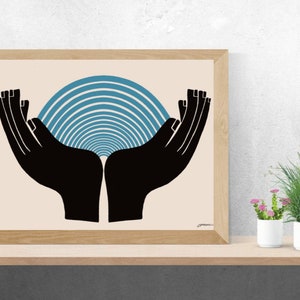Blue Rainbow Hand Print, wall decor, hands, black hands, black, blue modern art, eco art, line art, neutral, A4, A5, home print, greenegoart