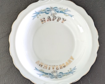 Vintage LEFTON “Happy Anniversary” Bowl White with Gold Trim and Blue Bells