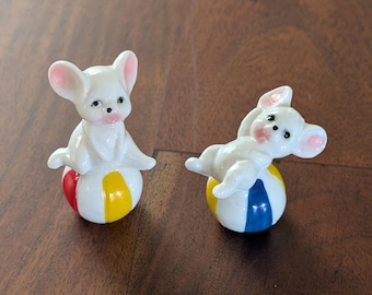 Vintage Miniature Bone China White Mice on Beach Balls