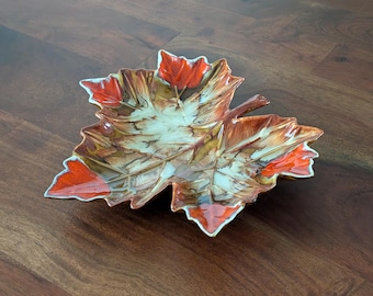 Vintage DRYDEN Arkansas Pottery Brilliant Orange and Brown Glazed Maple Leaf Dish