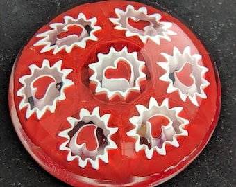 Vintage 1960's MURANO Domed Glass Paperweight with Red and White Millefiori Hearts "As Is"