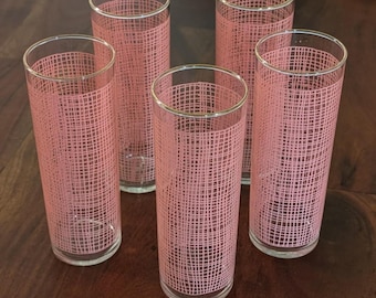 Vintage FEDERAL Gold Crown Highball Glass Set in Pink Burlap