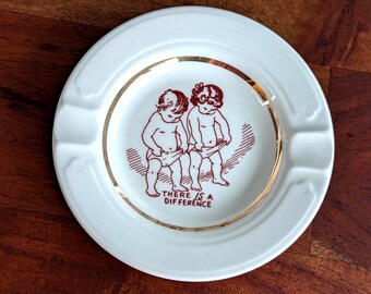 Vintage Novelty White & Gold Ashtray "There IS a Difference" Boy vs Girl