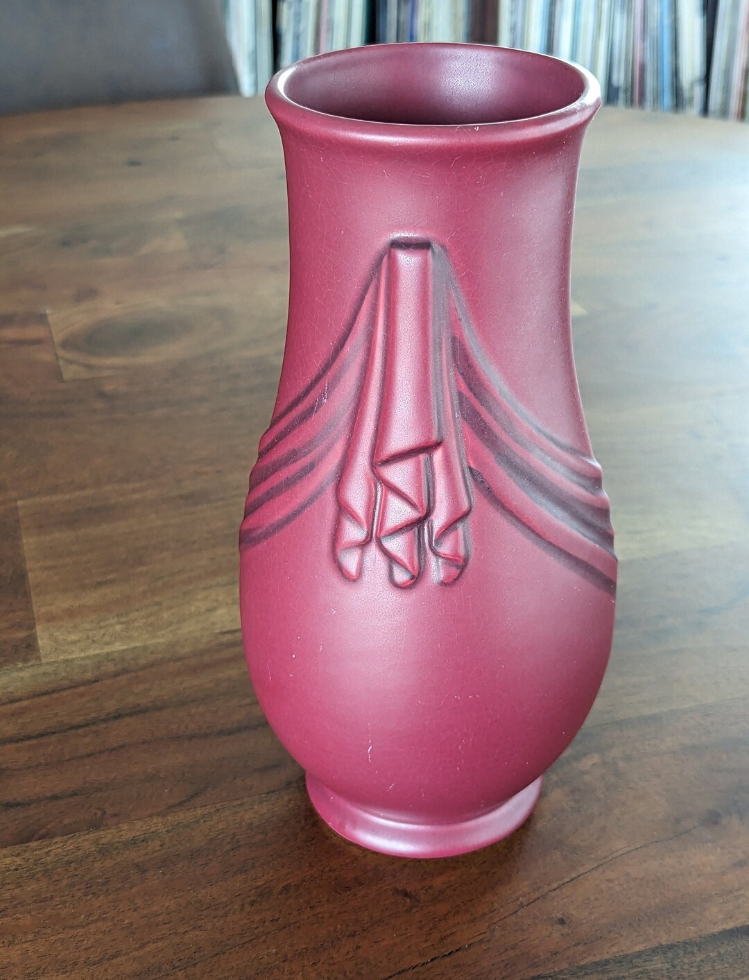 Vintage Weller Pottery Vase Burgundy Red Ragenda Drapes Design Etsy