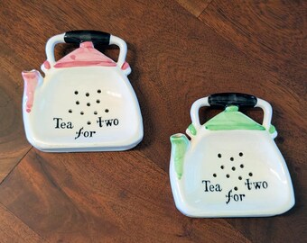 Vintage NORCREST Ceramic "Tea for Two" Teapot Shaped Teabag Holder Set