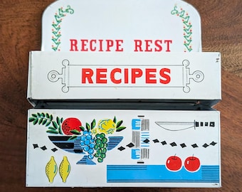 Vintage Mid-Century Japan Tin Metal RECIPES Card Box with Flip Up Card Rest