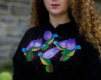 Hand-painted Statement Hoodie/Sweatshirt With 3D Hummingbirds Stylish Fashion Style Handmade Pullover