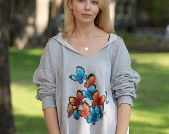 Hand-painted Statement Hoodie/Sweatshirt With 3D Colourful Butterflies