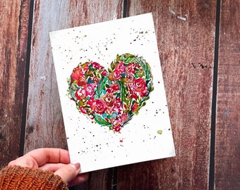 Floral Heart Original Watercolour Card Cute Valentine's Card Love Friendship Vday Anniversary Funny Cake Romantic Flowers Greeting