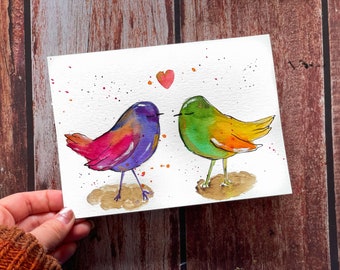 Love Birds Hand-Painted Original Watercolour Card Cute Valentine's Card Love Friendship Vday Anniversary Funny Birds Romantic Gift Greeting