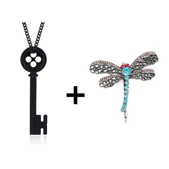 Coraline Necklace Set Dragonfly Hair Clip Horror Movie Cartoon Cosplay Accessories Skull Collar Key Necklace for Women Girls Jewelry Gift 