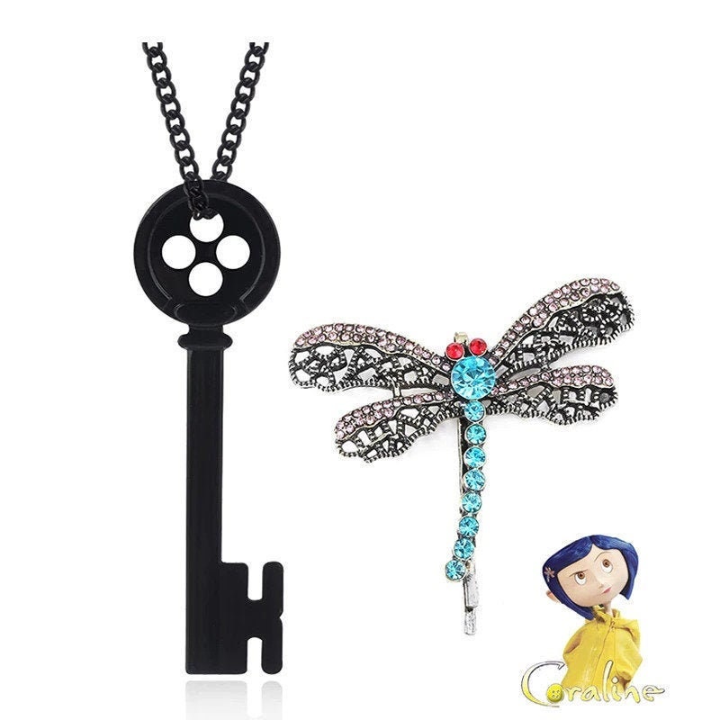 haress lfslk Coraline Key Necklace Girl's Button Key Metal Pendant Sweater  Chain Present for Child (Black)