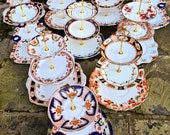 1 x Imari Victorian Edwardian Antique Vintage Mismatched Afternoon Tea Party Cake Stand 3 Tier Set England Plates Trays Mix Match Bone China