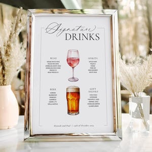 Modelo de menu de bar principal de bebidas exclusivas, sinalização de download instantâneo, placa de bebidas exclusivas para casamento, modelo editável A4, A3, 12x16