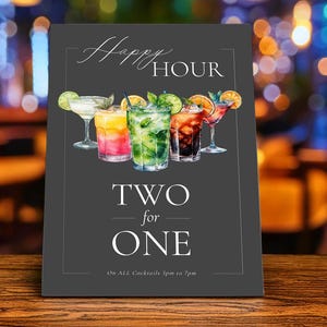 Modelo de placa de coquetel Happy Hour Two for One | Modelo de sinalização para download instantâneo | Placa de bebidas BOGOF 241 | Templett editável 4 tamanhos 2-4-1