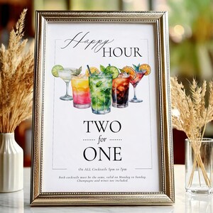 Modelo de placa de happy hour com dois coquetéis por um | Modelo de sinalização para download instantâneo | Placa de bebidas BOGOF 241 | Templett editável 4 tamanhos 2-4-1