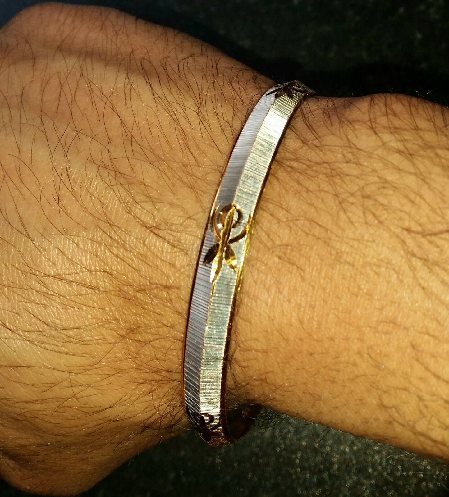Sikh two tone gold silver plated design punjabi kada kara bangle bracelet  aa11
