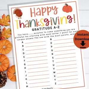 Thanksgiving Gratitude Game - Thanksgiving AZ Game, Thankful For Printable, Friendsgiving Game, Give Thanks Activity