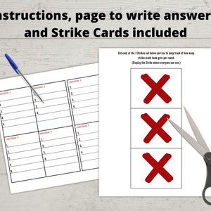 May include: A printable worksheet with a grid of 7 sections labeled "Question 1" through "Question 7". Each section has 5 lines for writing answers. Below the worksheet are three red "X" strike cards that can be cut out.