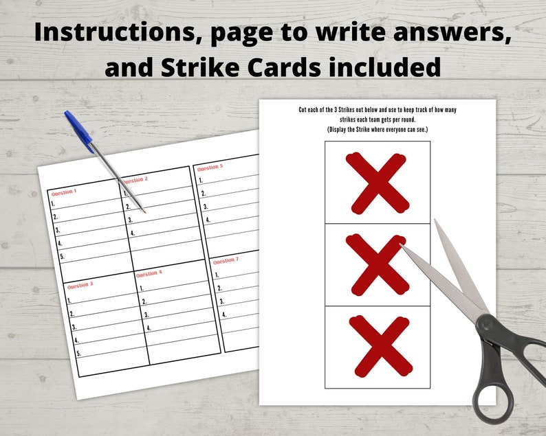 May include: A printable worksheet with a grid of 7 sections labeled "Question 1" through "Question 7". Each section has 5 lines for writing answers. Below the worksheet are three red "X" strike cards that can be cut out.