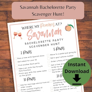Savannah Bachelorette Party Scavenger Hunt Game - Printable Savannah Bach Party Games