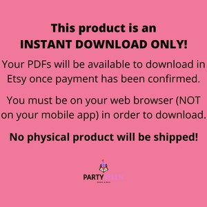 K&ouml;nnte beinhalten: Rosaer Hintergrund mit wei&szlig;em Text, der lautet: "Dieses Produkt ist ein SOFORTIGER DOWNLOAD NUR! Ihre PDFs stehen zum Download in Etsy zur Verf&uuml;gung, sobald die Zahlung best&auml;tigt wurde. Sie m&uuml;ssen sich in Ihrem Webbrowser befinden (NICHT in Ihrer mobilen App), um herunterzuladen. Es wird kein physisches Produkt versandt!" Ein Logo unten lautet "PARTY VIXEN Spiele & Mehr"