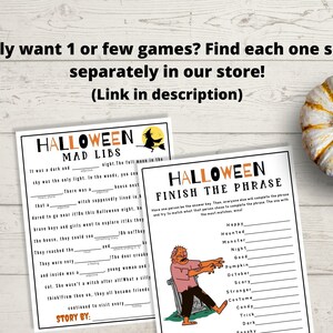 May include: Two printable Halloween game cards. The first card is a Mad Libs game with the title "Halloween Mad Libs". The second card is a "Finish the Phrase" game with the title "Halloween Finish the Phrase".